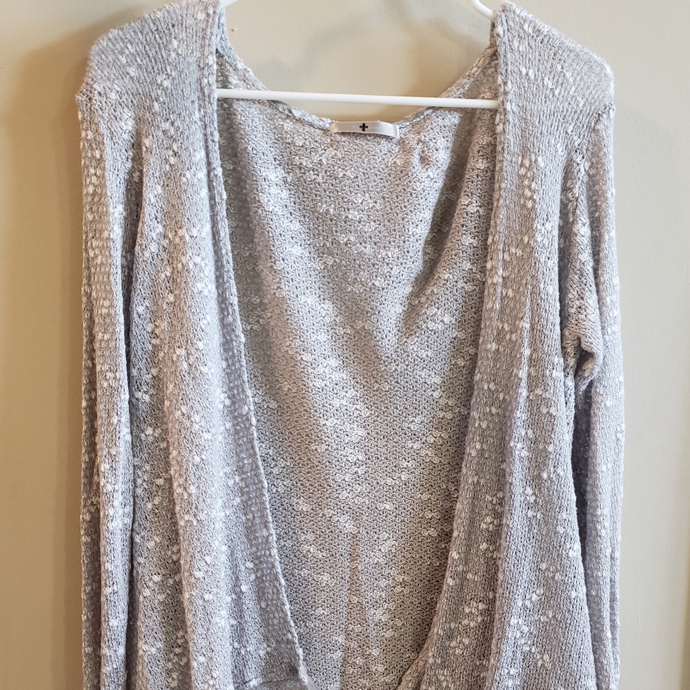 Gray and white cardigan sweater with lace trim